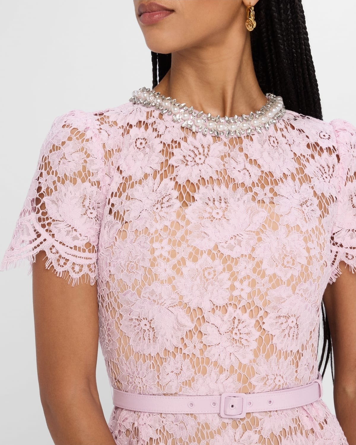 PINK FINE LACE PEARL MIDI DRESS SELF-PORTRAIT | PLMD
