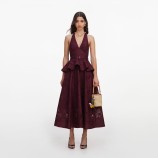 PLUM LINEN BLEND PEPLUM MIDI РОКЛЯ Self-portrait PF26-103M-BU-BURGUNDY