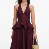 PLUM LINEN BLEND PEPLUM MIDI РОКЛЯ Self-portrait PF26-103M-BU-BURGUNDY