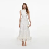 WHITE SEQUIN LACE FEATHER MIDI РОКЛЯ Self-portrait AW26-094MA-W-WHITE