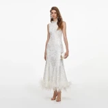WHITE SEQUIN LACE FEATHER MIDI РОКЛЯ Self-portrait AW26-094MA-W-WHITE