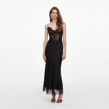 BLACK SATIN LACE MIDI DRESS Self-portrait AW26-023MA-B-BLACK