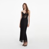 BLACK SATIN LACE MIDI DRESS Self-portrait AW26-023MA-B-BLACK